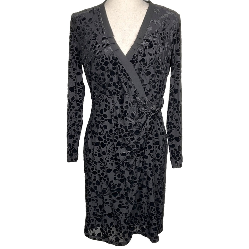 Tommy Hilfiger Dress Women 12 Black Burnout Velvet Wrap Y2K Long Sleeve